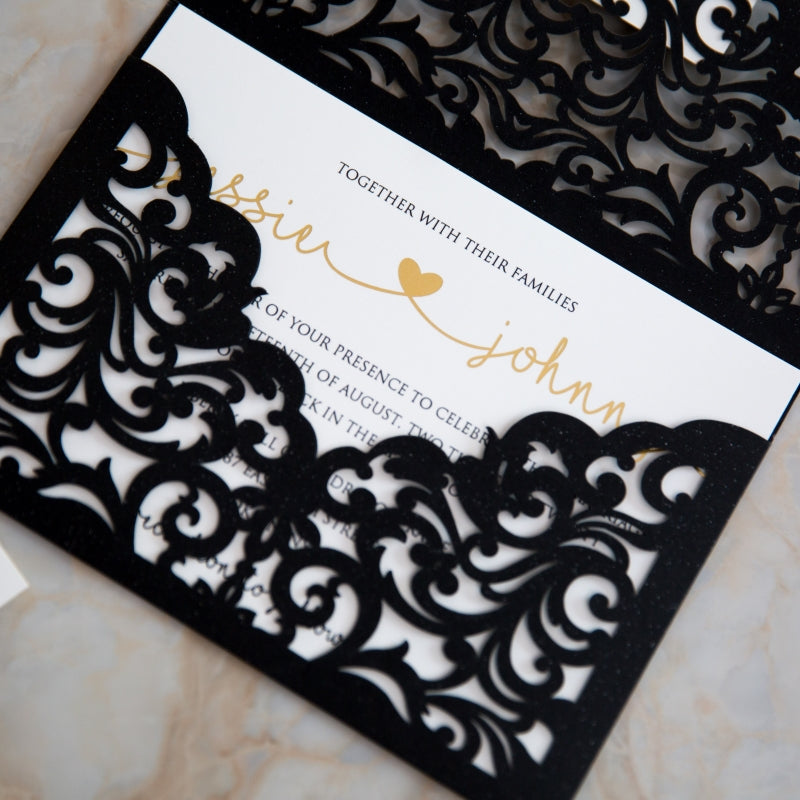 Black Trifold Pocket Invitation with Gold Foil