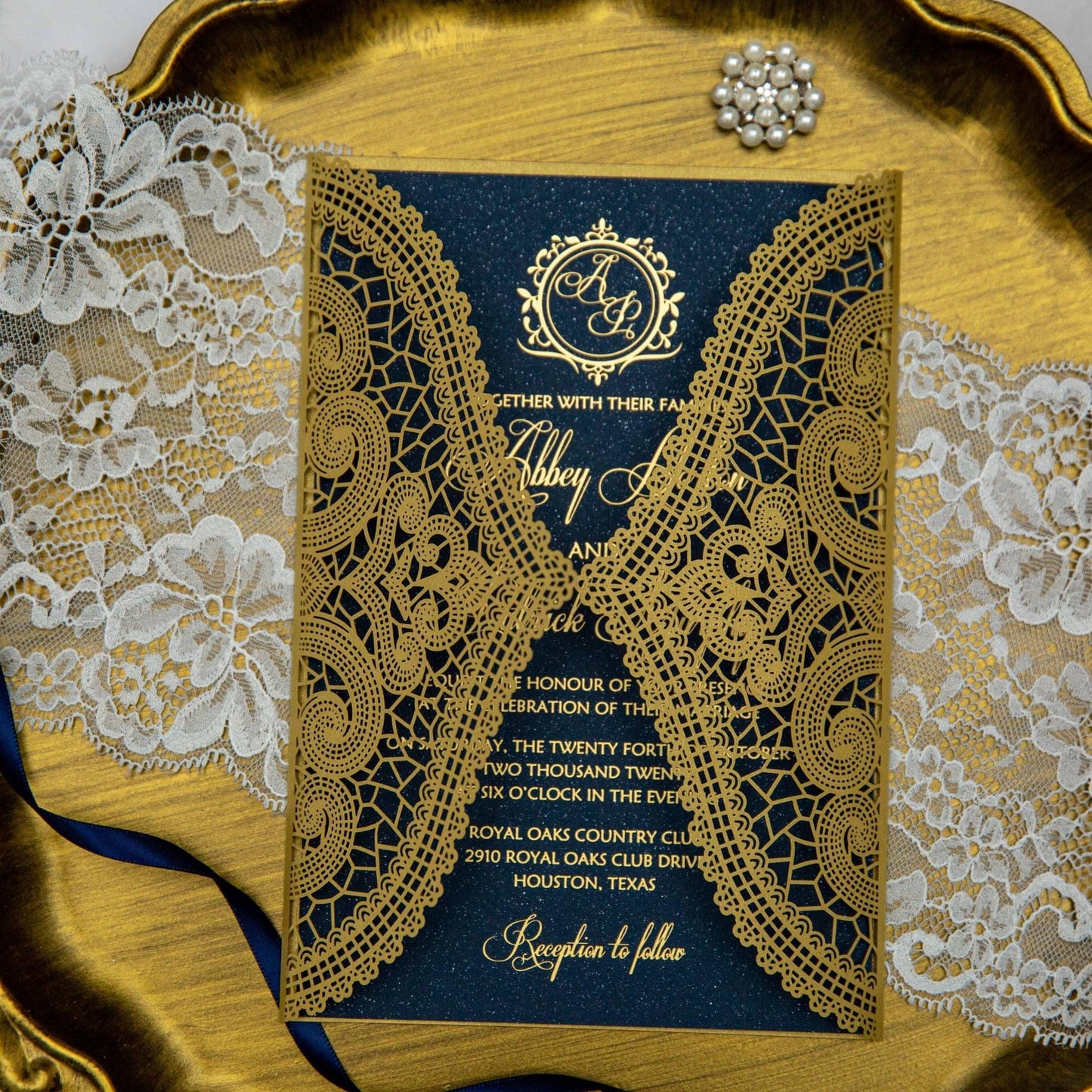 Gold Foil and Navy Gatefold Wedding Invitations