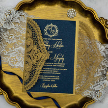 Load image into Gallery viewer, Gold Foil and Navy Gatefold Wedding Invitations
