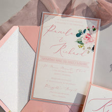 Load image into Gallery viewer, Soft Pink Florals and White Glitter Wedding Invitation
