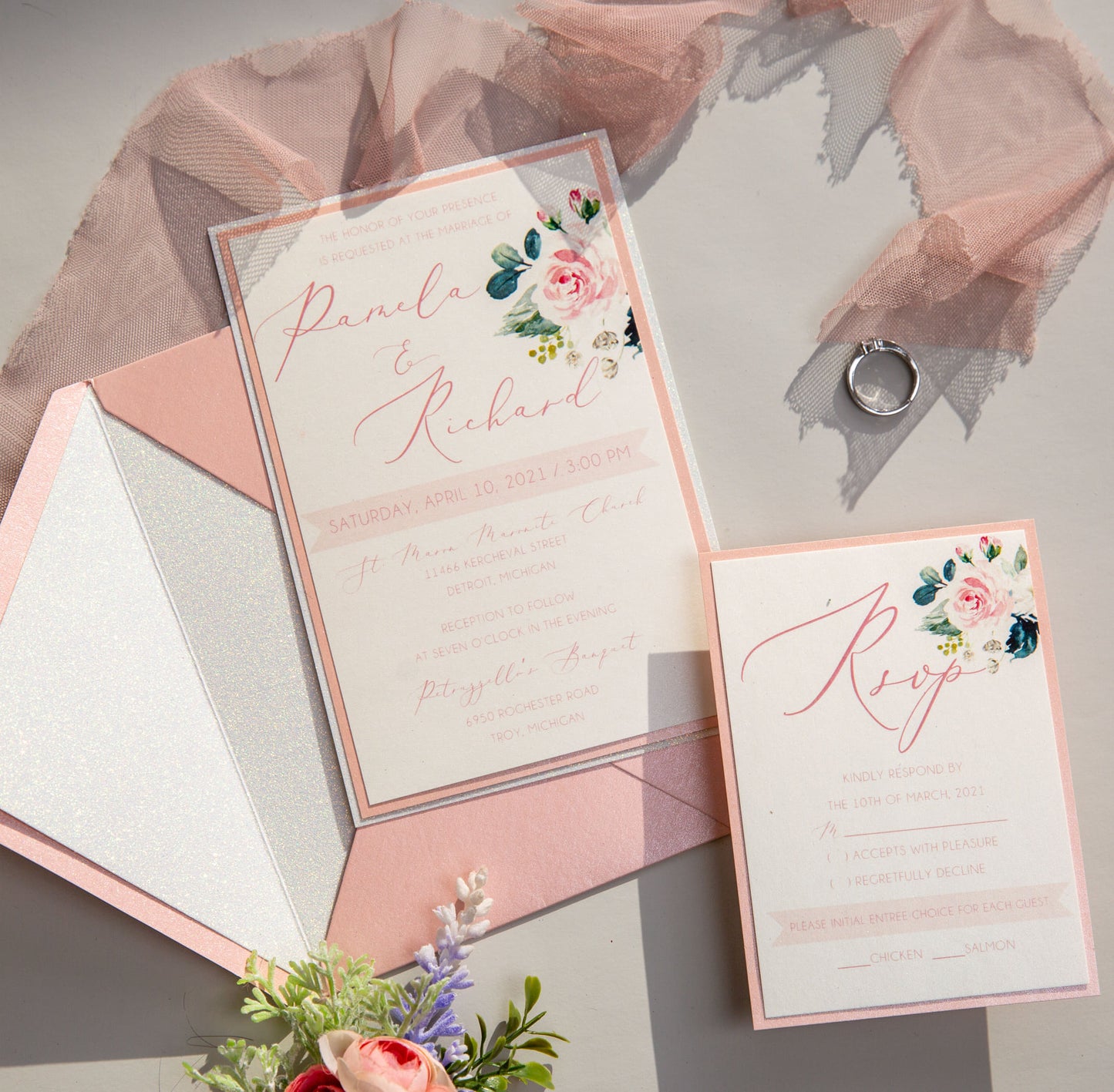 Soft Pink Florals and White Glitter Wedding Invitation