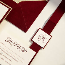 Load image into Gallery viewer, Burgundy Velvet Wedding Invitation with Gold Glitter

