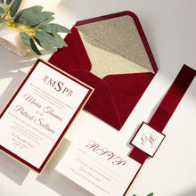 Load image into Gallery viewer, Burgundy Velvet Wedding Invitation with Gold Glitter
