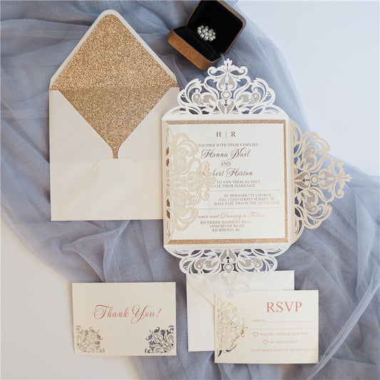 Rose gold and Champagne glitter wedding invitation set