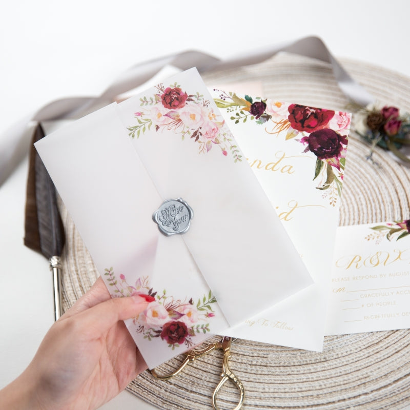 Burgundy Floral Vellum Wrap Invitation with Wax Seal