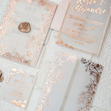 Load image into Gallery viewer, Rose Gold Foil Stamped Vellum Invitation
