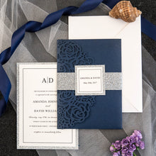 Load image into Gallery viewer, Navy and Silver Glitter Trifold Wedding Invitation Set

