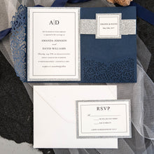 Load image into Gallery viewer, Navy and Silver Glitter Trifold Wedding Invitation Set
