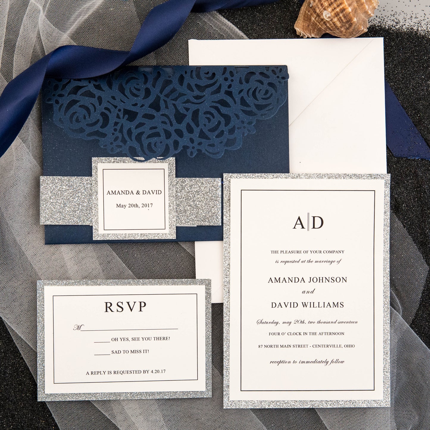 Navy and Silver Glitter Trifold Wedding Invitation Set