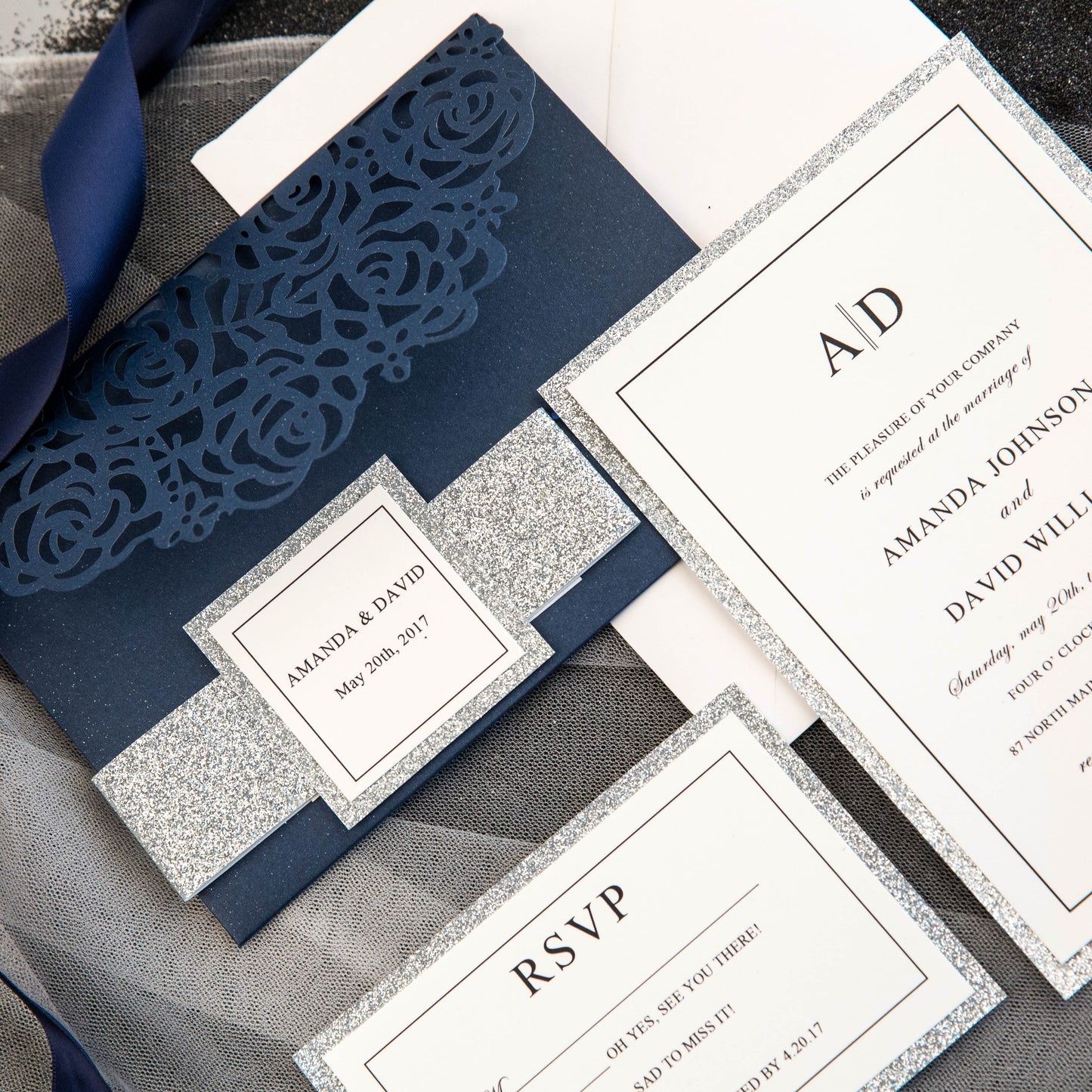 Navy and Silver Glitter Trifold Wedding Invitation Set