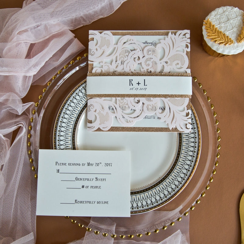Blush and Rose Gold Glitter Wedding Invitation Set