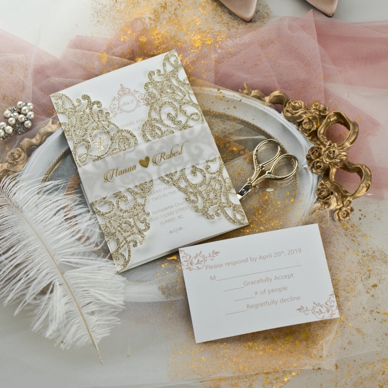 Gold Glitter Ornate Wedding Invitations