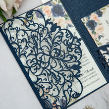 Load image into Gallery viewer, Glittering Navy Floral Wedding Invitations
