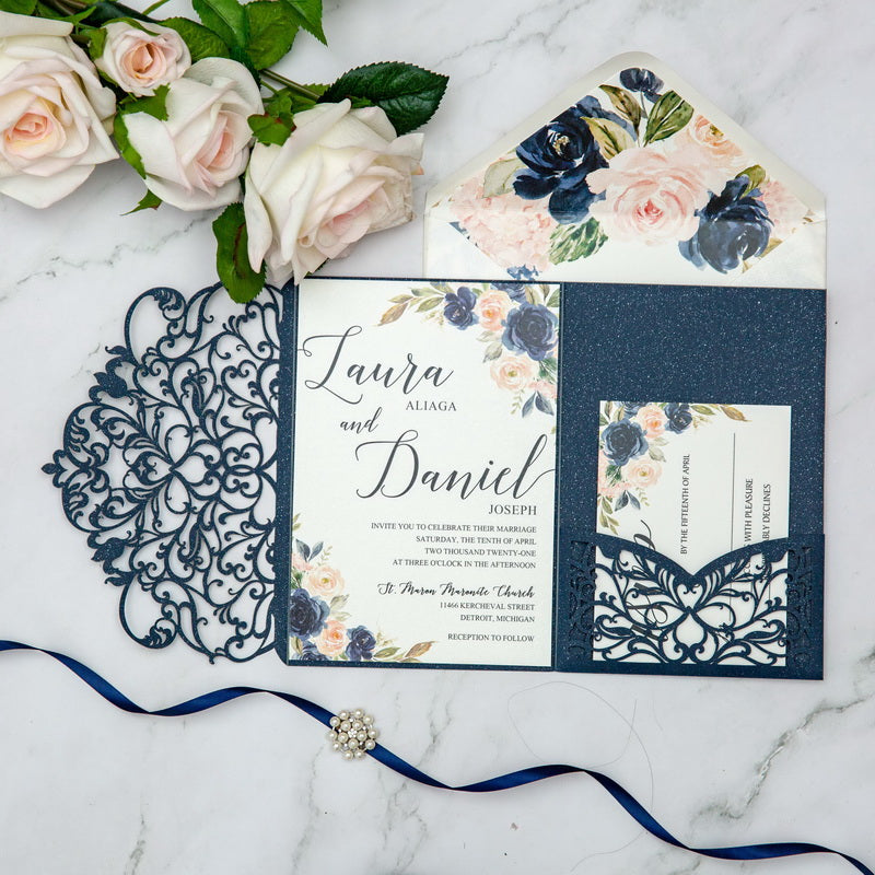 Glittering Navy Floral Wedding Invitations