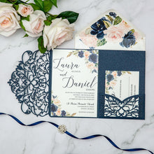 Load image into Gallery viewer, Glittering Navy Floral Wedding Invitations
