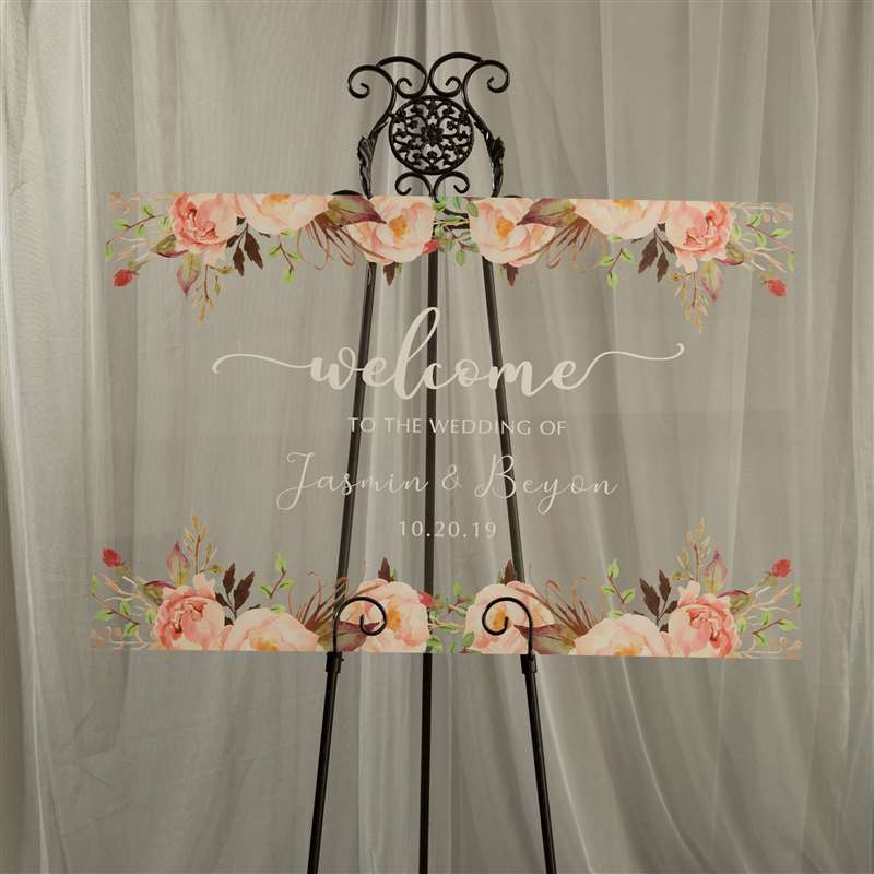 Pink and Peach Floral Clear Acrylic Welcome to our Wedding Sign