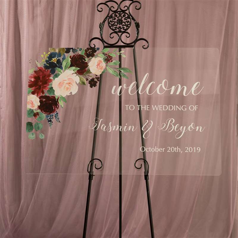 Burgundy Floral Clear Acrylic Welcome to our Wedding Sign