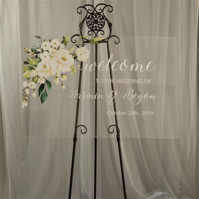 White Floral Clear Acrylic Welcome to our Wedding Sign