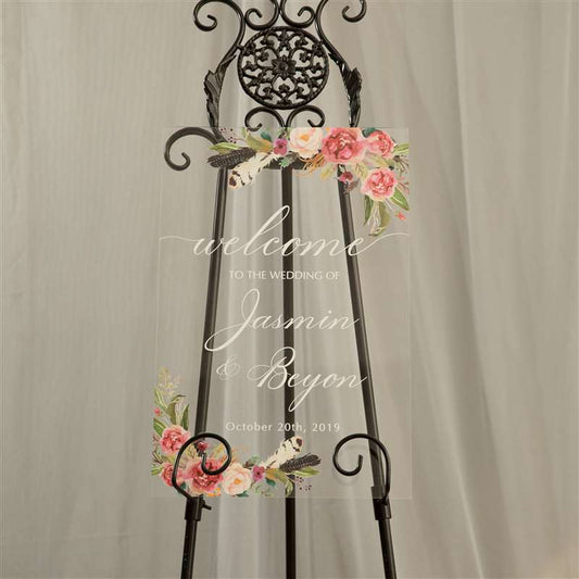 Pink Watercolour Floral Clear Acrylic Welcome to our Wedding Sign