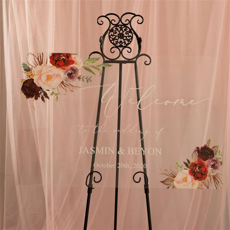 Pink and Deep Red Floral Clear Acrylic Welcome to our Wedding Sign