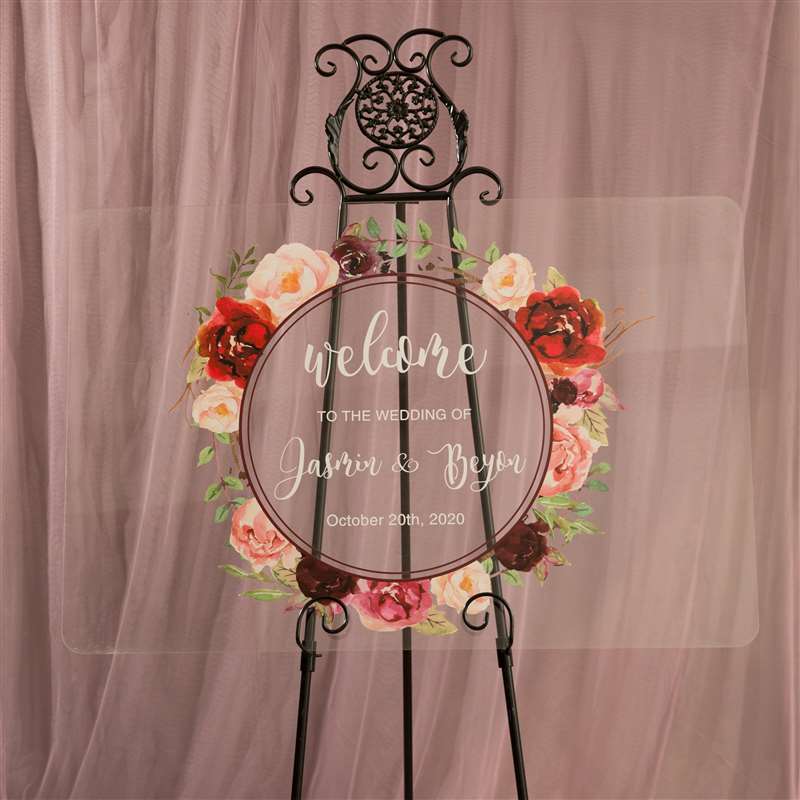 Wreath Style Pink and Red Floral Clear Acrylic Welcome to our Wedding Sign