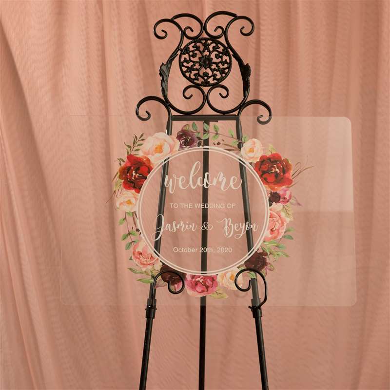 Wreath Style Pink and Red Floral Clear Acrylic Welcome to our Wedding Sign