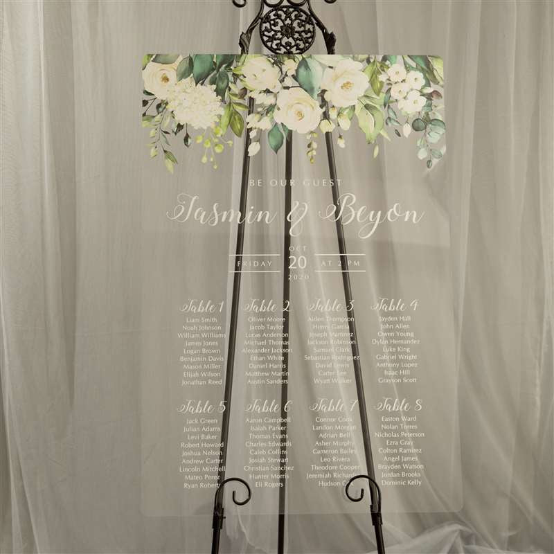 White and Green Floral Clear Acrylic Table Plan