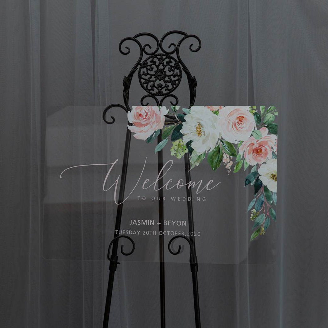 Pink and White Floral Clear Acrylic Welcome to our Wedding Sign