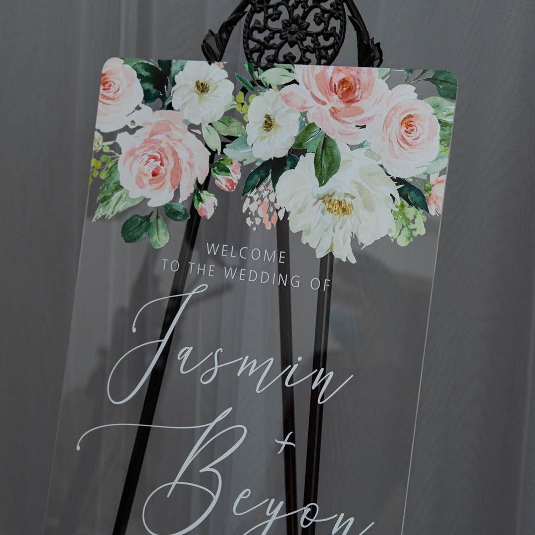White and Pink Floral Clear Acrylic Welcome to our Wedding Sign