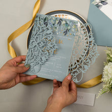 Load image into Gallery viewer, Acrylic Greenery Wedding Invitation with Dusty Blue Laser Cut
