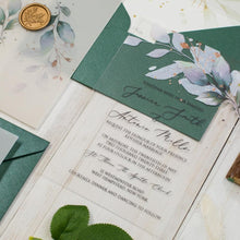 Load image into Gallery viewer, Soft Greenery Acrylic Invitations with vellum wrap and wax seal
