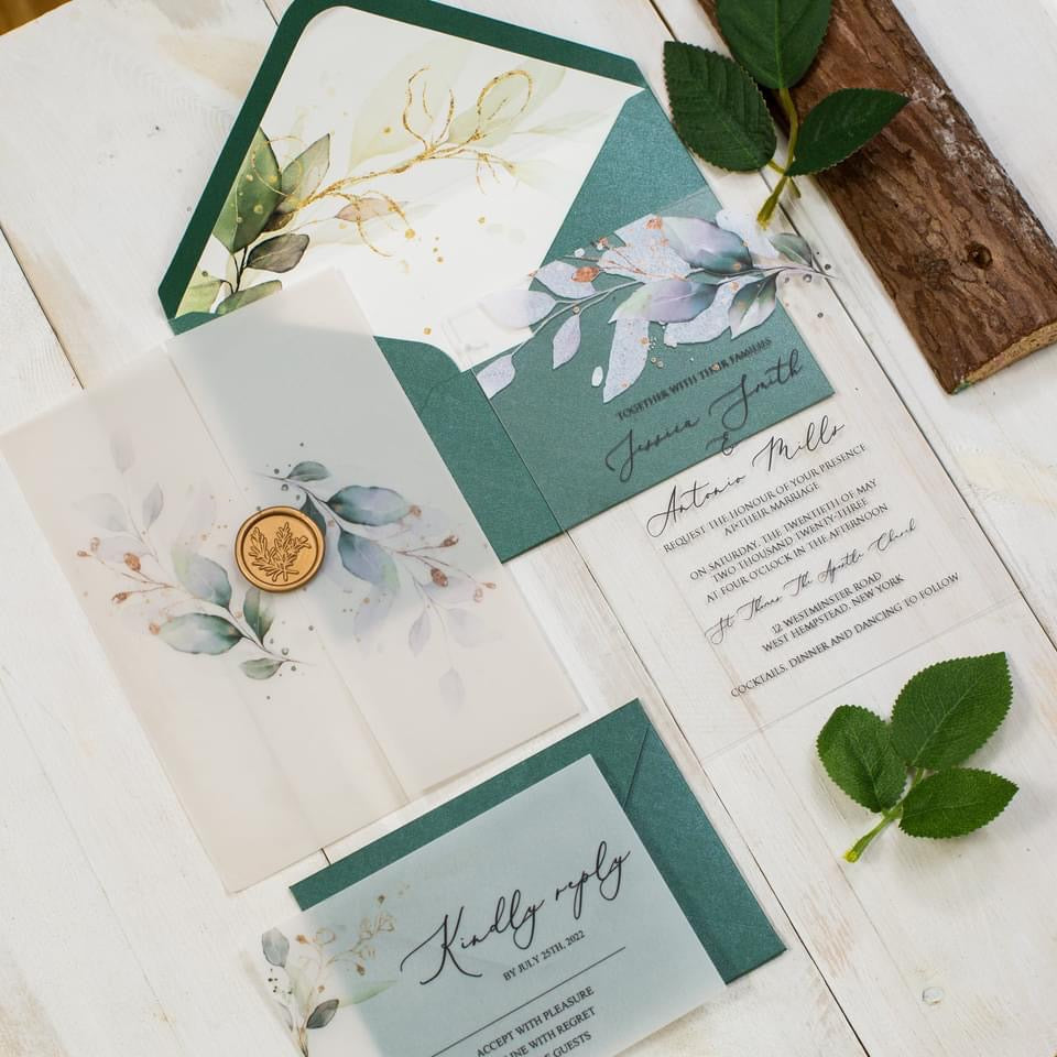Soft Greenery Acrylic Invitations with vellum wrap and wax seal