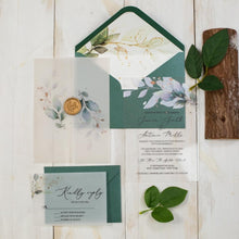 Load image into Gallery viewer, Soft Greenery Acrylic Invitations with vellum wrap and wax seal
